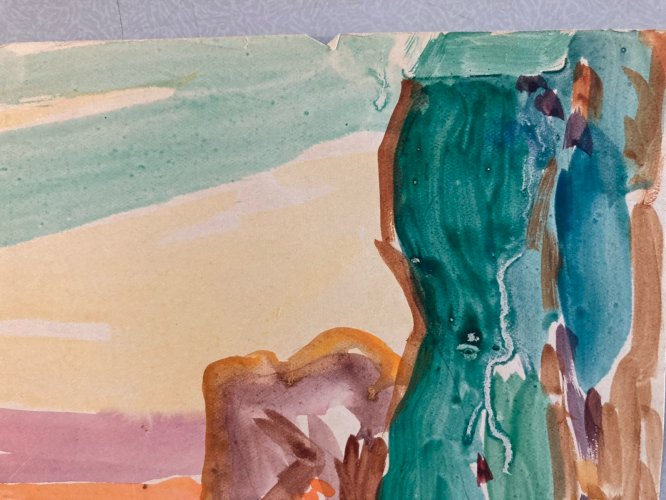 Peinture Aquarelle gouache Sur Papier Paysage Fauve Arbre 1950 À Identifier Art