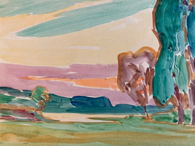 Peinture Aquarelle gouache Sur Papier Paysage Fauve Arbre 1950 À Identifier Art