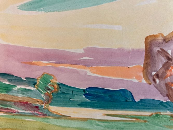 Peinture Aquarelle gouache Sur Papier Paysage Fauve Arbre 1950 À Identifier Art