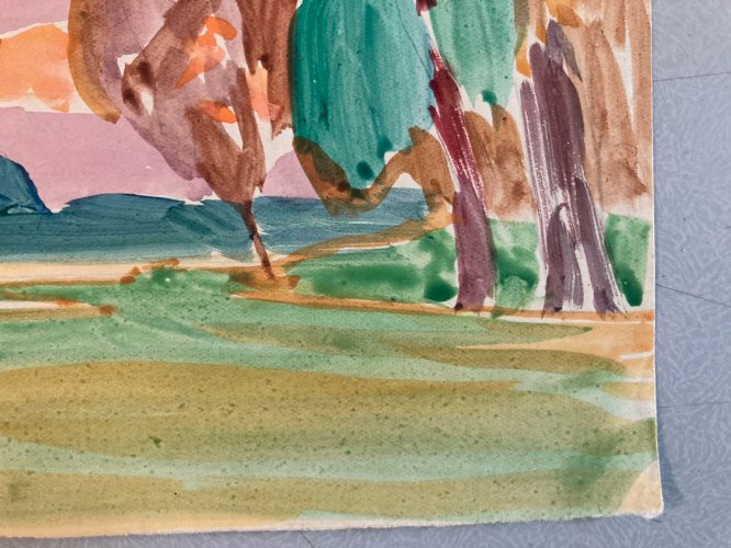 Peinture Aquarelle gouache Sur Papier Paysage Fauve Arbre 1950 À Identifier Art