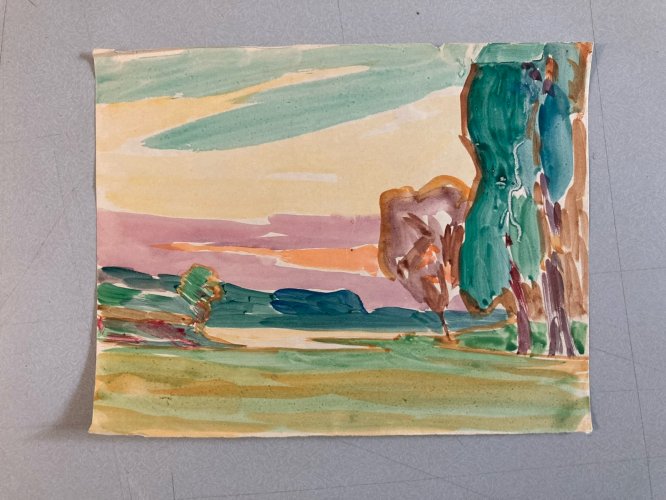 Peinture Aquarelle gouache Sur Papier Paysage Fauve Arbre 1950 À Identifier Art