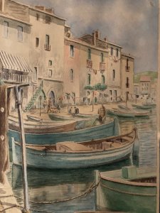 watercolor painting Martigues Quai Brescon Port Perrin To Identify