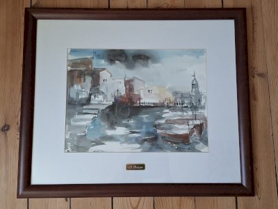 Peinture aquarelle originale signée de Dolors Bolanos, encadrée.