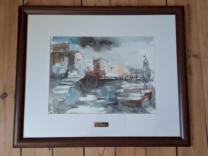 Peinture aquarelle originale signée de Dolors Bolanos, encadrée.