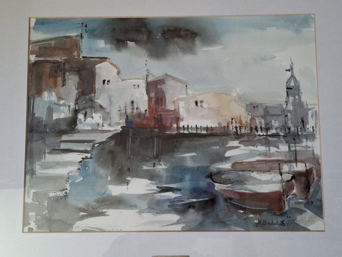 Peinture aquarelle originale signée de Dolors Bolanos, encadrée.