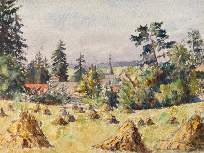 Post-Impressionist Watercolor Painting Hay Fields Church 1940 To Identify Art