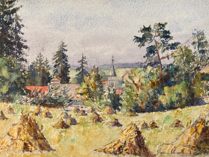 Peinture Aquarelle Post Impressionniste Champs Foin Église 1940 A Identifier Art