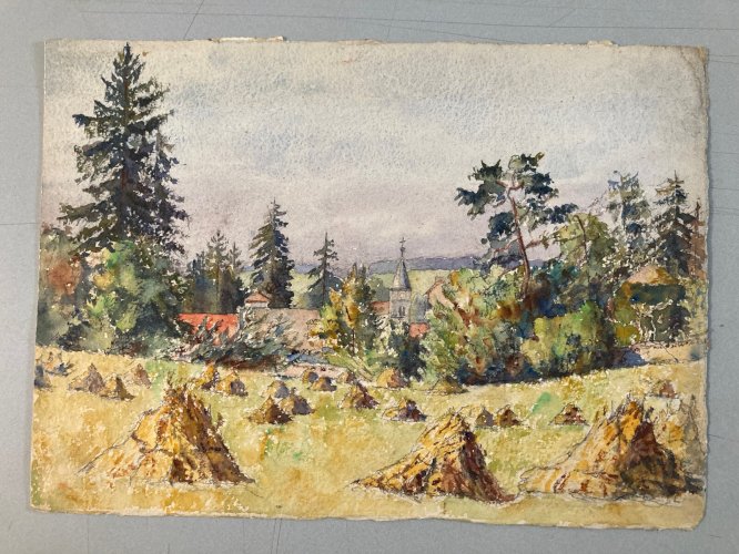 Peinture Aquarelle Post Impressionniste Champs Foin Église 1940 A Identifier Art