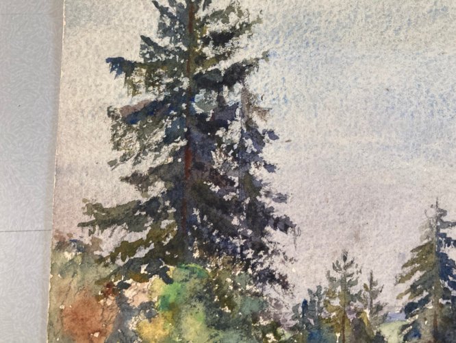 Peinture Aquarelle Post Impressionniste Champs Foin Église 1940 A Identifier Art