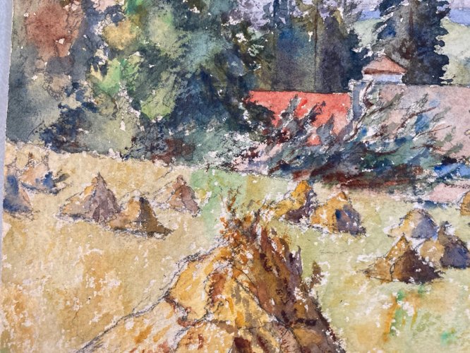 Peinture Aquarelle Post Impressionniste Champs Foin Église 1940 A Identifier Art