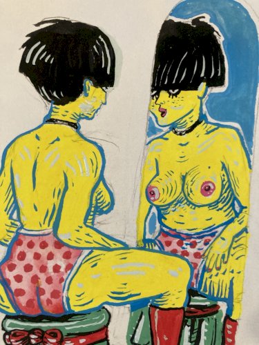 Peinture Art 1980 Gouache Papier Femme Portrait Mirroir  XXe Painting Dessin