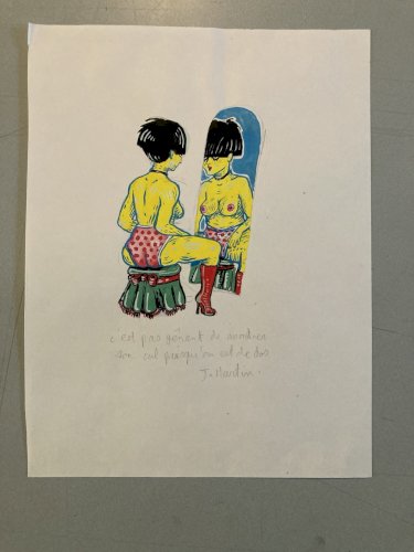 Peinture Art 1980 Gouache Papier Femme Portrait Mirroir  XXe Painting Dessin