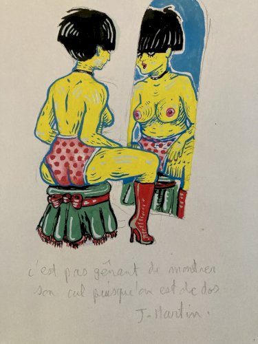 Peinture Art 1980 Gouache Papier Femme Portrait Mirroir  XXe Painting Dessin
