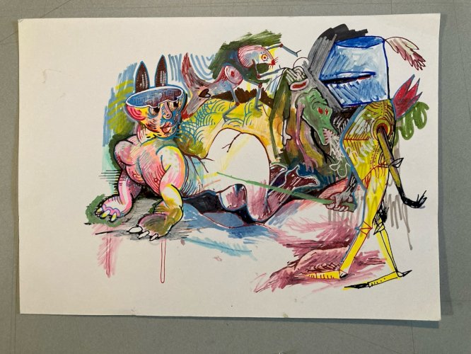 Peinture Art 1980 Gouache Papier Surréalisme Surréaliste Animal XXe Painting