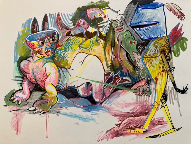 Peinture Art 1980 Gouache Papier Surréalisme Surréaliste Animal XXe Painting