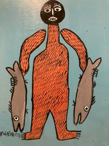 peinture Art Brut Bois Azeddine Poisson Pecheur Essaouira Expressionniste Animal