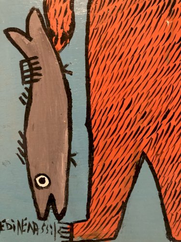 peinture Art Brut Bois Azeddine Poisson Pecheur Essaouira Expressionniste Animal
