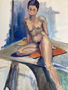 Peinture Art Gouache 1970  Corps Nu Nue Assis Erotique Femme A Identifier
