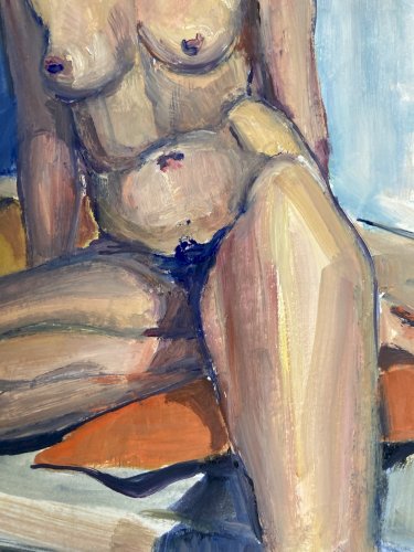 Peinture Art Gouache 1970  Corps Nu Nue Assis Erotique Femme A Identifier