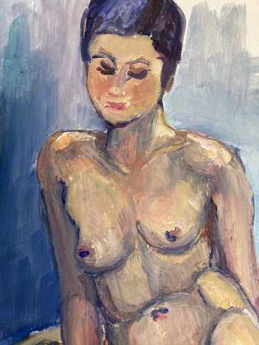 Peinture Art Gouache 1970  Corps Nu Nue Assis Erotique Femme A Identifier