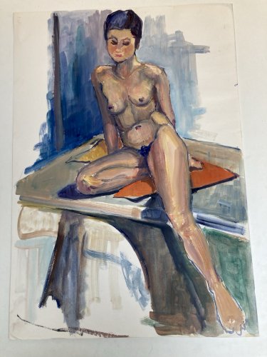 Peinture Art Gouache 1970  Corps Nu Nue Assis Erotique Femme A Identifier
