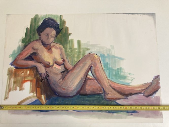 Peinture Art Gouache 1970  Corps Nu Nue Erotique Femme  A Identifier