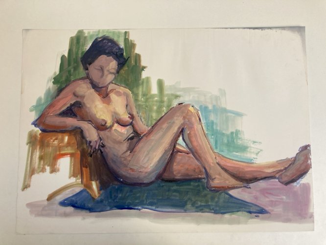 Peinture Art Gouache 1970  Corps Nu Nue Erotique Femme  A Identifier