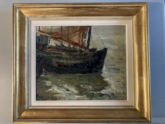 Peinture Benoît Desprey Huile Panneau 1940 Marine Bateau Pêche Mer Painting Old