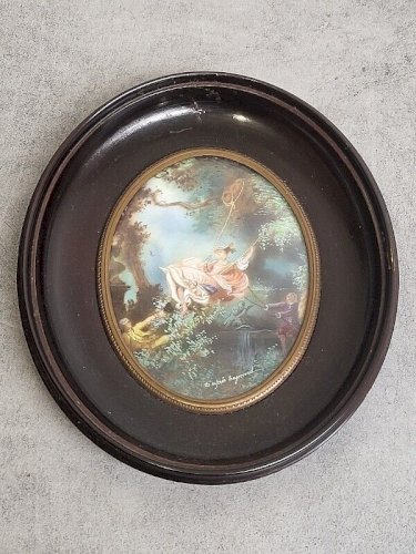 PEINTURE CADRE MINIATURE SCENE ROMANTIQUE D'APRES FRAGONARD N 22