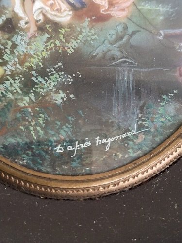 PEINTURE CADRE MINIATURE SCENE ROMANTIQUE D'APRES FRAGONARD N 22