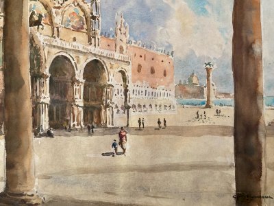 Peinture Circa 1920 Aquarelle gouache Venise Italie Place Saint Marc Painting