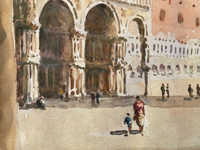Peinture Circa 1920 Aquarelle gouache Venise Italie Place Saint Marc Painting