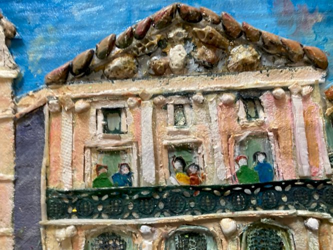 Peinture Collage Pezenas Circa 1990 Art Naïf Brut Coquillage Herault