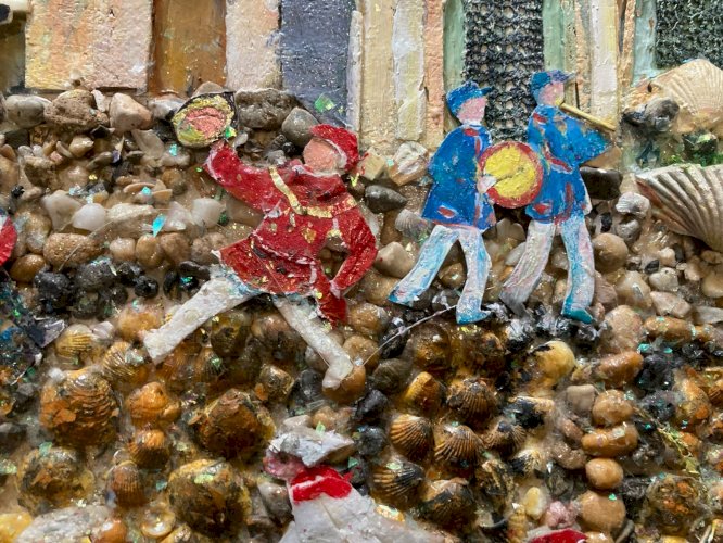 Peinture Collage Pezenas Circa 1990 Art Naïf Brut Coquillage Herault