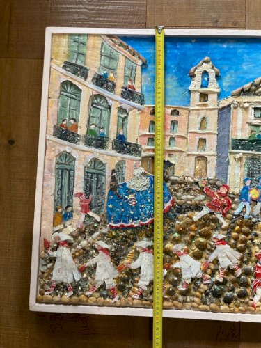Peinture Collage Pezenas Circa 1990 Art Naïf Brut Coquillage Herault