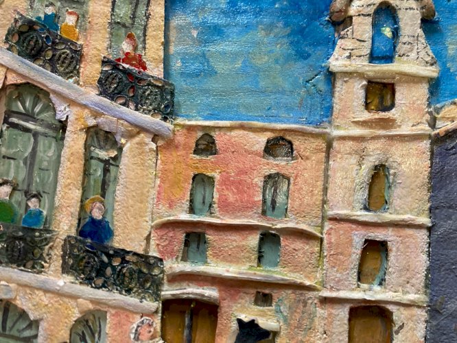 Peinture Collage Pezenas Circa 1990 Art Naïf Brut Coquillage Herault