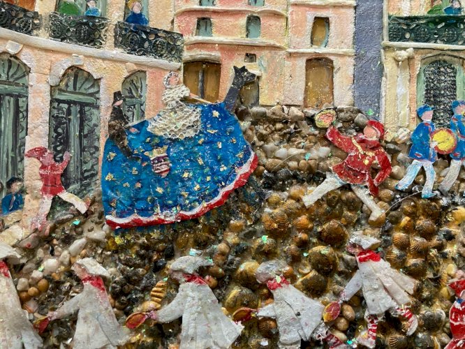 Peinture Collage Pezenas Circa 1990 Art Naïf Brut Coquillage Herault