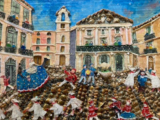 Peinture Collage Pezenas Circa 1990 Art Naïf Brut Coquillage Herault