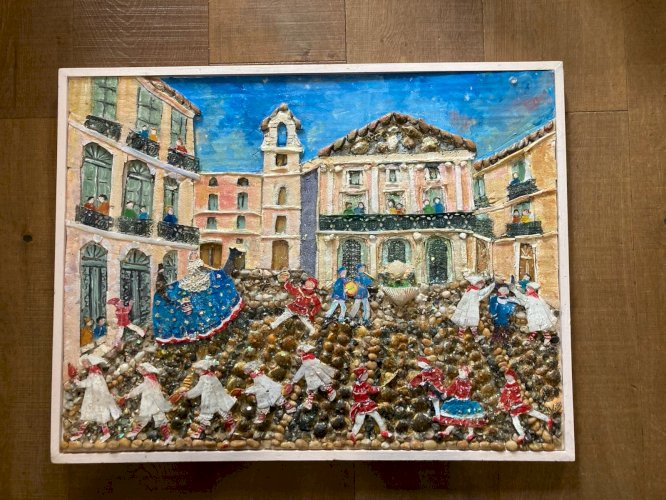 Peinture Collage Pezenas Circa 1990 Art Naïf Brut Coquillage Herault