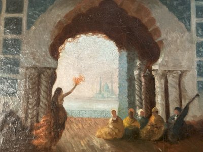 Peinture Copie Félix Ziem Sérail à Constantinople danse Orientalisme 1914 Ancien