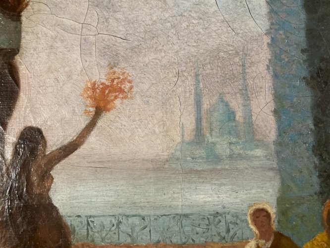 Peinture Copie Félix Ziem Sérail à Constantinople danse Orientalisme 1914 Ancien