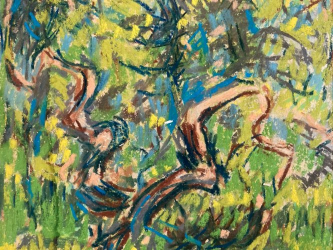 Peinture Craie Grasse Arbre Tampon Galerie Romanet Murier BP Art 1970 XXe
