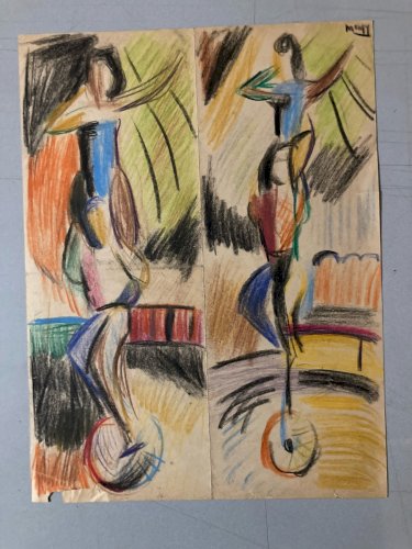 Peinture Crayon Sur Papier Cirque Fauve Fauvisme 1950 À Identifier Art Ancien