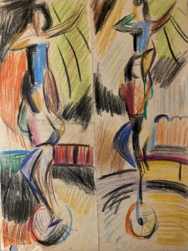 Peinture Crayon Sur Papier Cirque Fauve Fauvisme 1950 À Identifier Art Ancien