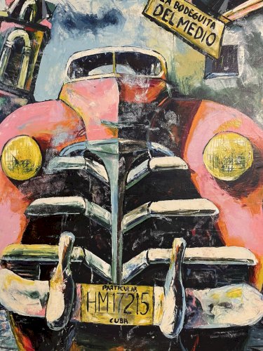 Peinture Cubaine 117x78 – Voiture Américaine Vintage – Déco Loft Restaurant