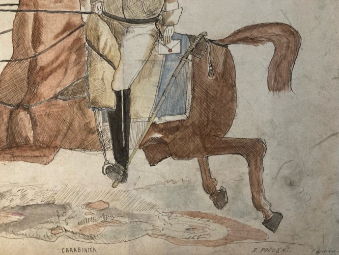 Peinture D’Enfant Encre Gouache XIXe Art Brut Cheval 1812 Old portrait Painting