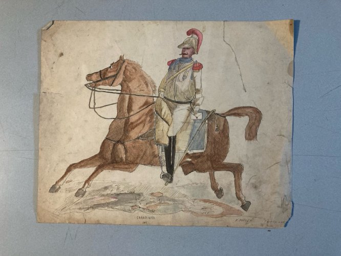 Peinture D’Enfant Encre Gouache XIXe Art Brut Cheval 1812 Old portrait Painting
