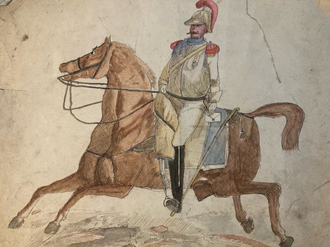 Peinture D’Enfant Encre Gouache XIXe Art Brut Cheval 1812 Old portrait Painting