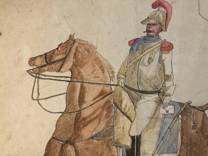 Peinture D’Enfant Encre Gouache XIXe Art Brut Cheval 1812 Old portrait Painting