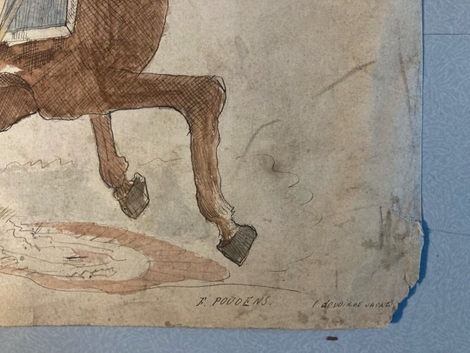 Peinture D’Enfant Encre Gouache XIXe Art Brut Cheval 1812 Old portrait Painting
